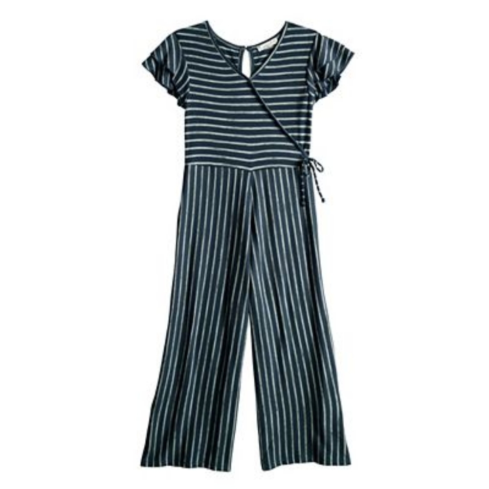 NWT Girls Striped Wrap Front Jumpsuit With Scrunchies (Navy/White) - Knitworks